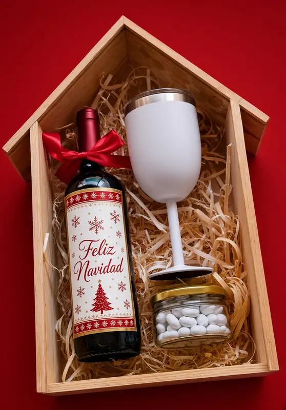 Caja casita con tinto, copa de acero y frasco de botana