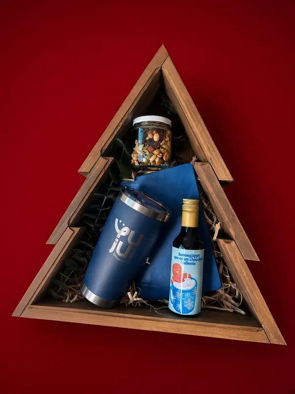 Caja pino con termo, mini vino, libreta y frasco de botana