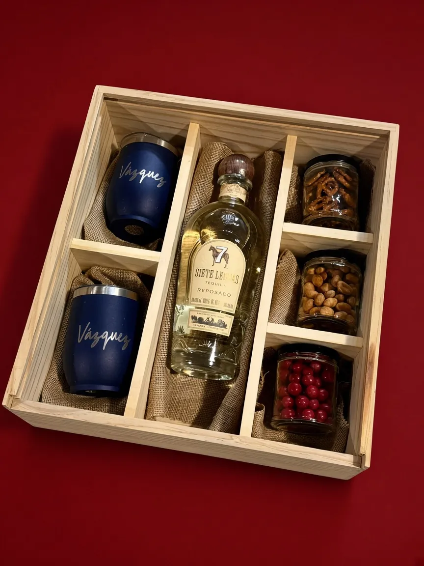 Caja navideña de madera con termos y licor